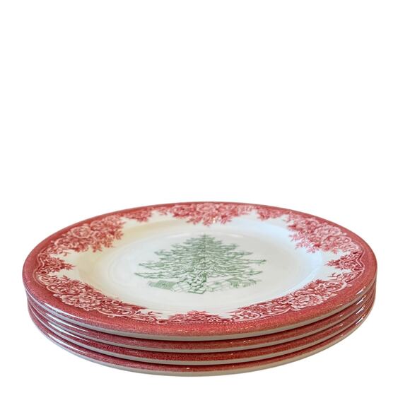 4pc Royal Stafford CHRISTMAS TREE Porcelain Salad Plates 8.5" Red Green NEW - Picture 4 of 12